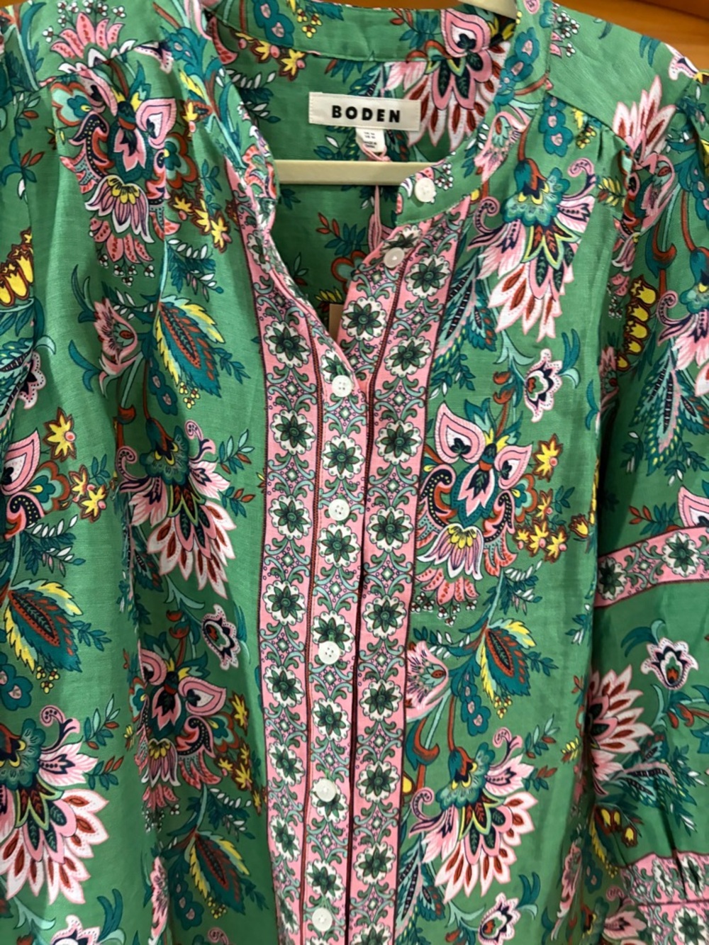 Boden Green Floral Print V-Neck Peasant Blouse Linen - Picture 3 of 3
